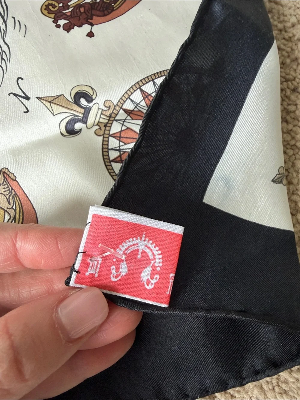 Classic Nautical Print Silk Scarf in Cream, Black and Brown